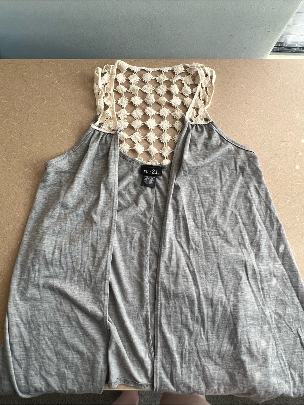 rue21 Gray Shall Tank Top with Cream Crochet Back
